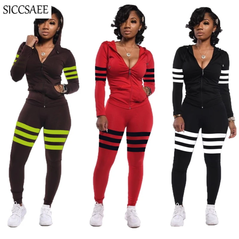 

Striped Printed Two Piece Set Hooded Cardigan Long Pants Matching Sets Clothing Activewear Sexy Casual Outfits Ensemble Femme