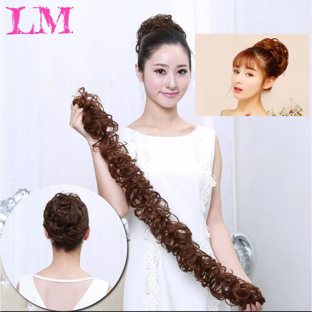 

LM Hair Extensions Black Brown High Temperature Fiber Fake Hairpiece Synthetic Women Curly Bun Chignon Elastic Band