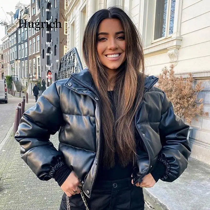 Winter Thick Warm Short Parkas Women Fashion Black Pu Leather Coats Women Elegant Zipper Cotton Jackets Female Ladies