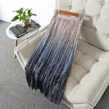 Женская плиссированная юбка с высокой талией, летняя элегантная драпировка, эластичная синяя кружевная юбка миди