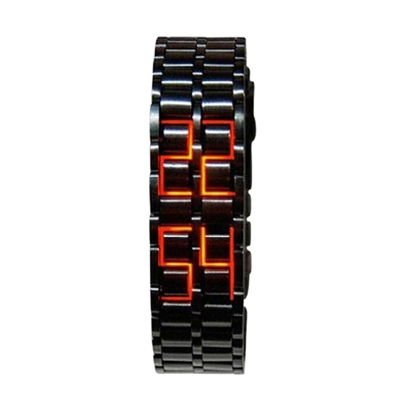 Fashion Black Full Metal Digital Lava Wrist Watch Iron Metal Red LED  For Men Boy Sport Simple Wathes