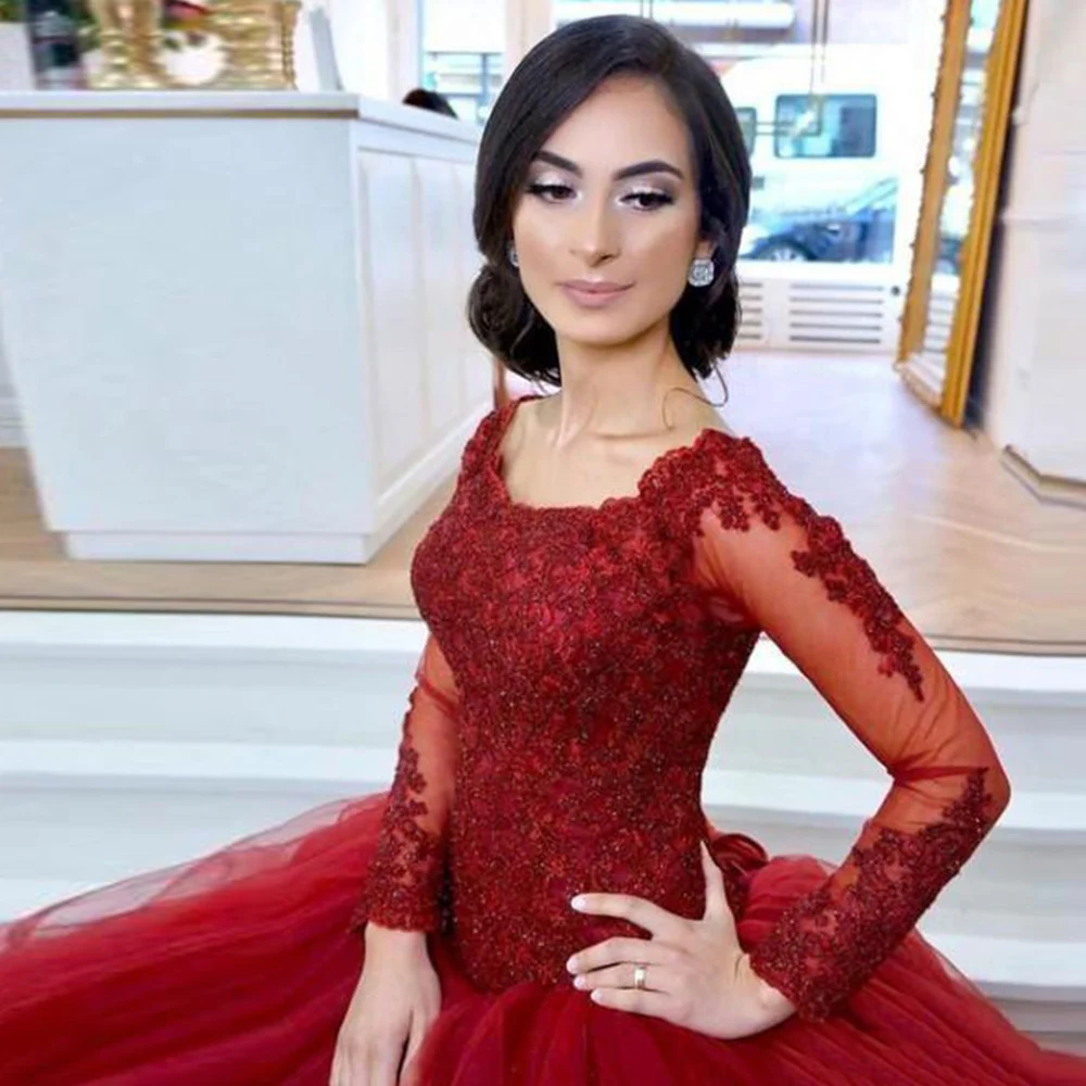 

Modern Long Sleeves Wine Red Evening Dresses Long 2020 Lace Appliques Ball Gown Formal Dress Evening Party Gowns Custom Made