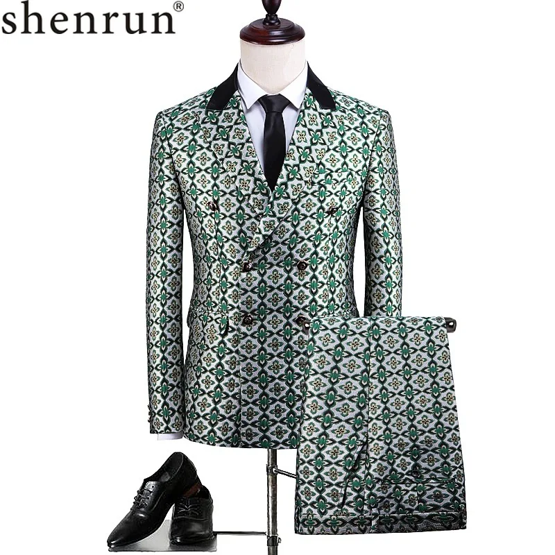 Shenrun мужской модный двубортный костюм зеленый цветочный узор высококачественные