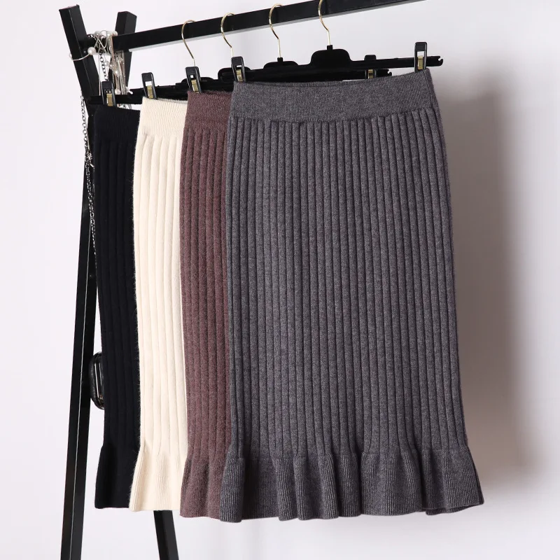 

2019 Autumn And Winter New Style Korean-style Solid Color Knit Fishtail Skirt Sheath Mid-length High-waisted Wool Skirt