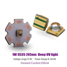 Высокая мощность 3535 1 Вт 265нм глубокий Ультрафиолетовый светодиодный чип UVC ультрафиолетовая стерилизация светодиодный Диод 150мА 5-9 в
