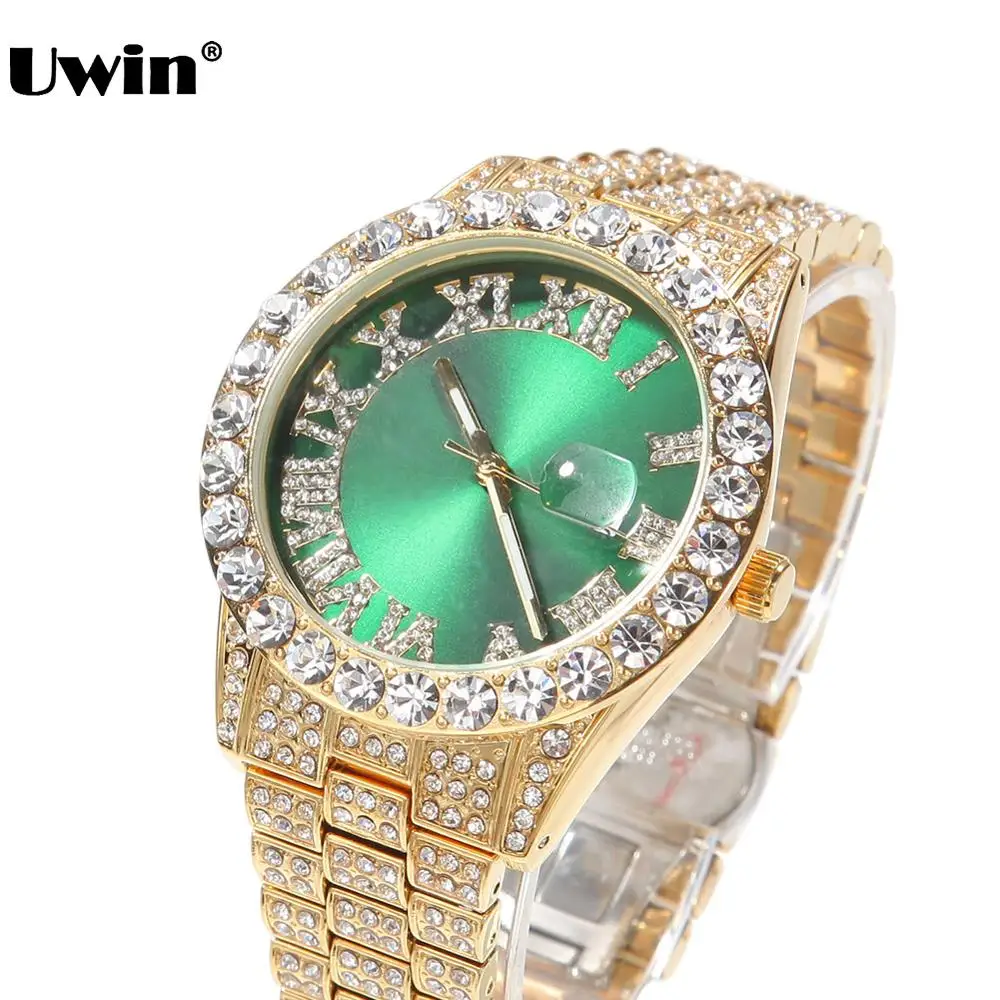 

UWIN Green and Red Dial Watches Full Iced Out Men Stainless Steel Belt Fashion Luxury Rhinestones Quartz Wristwatches for Men