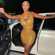 Macheda – Mini robe en cuir PU pour femme, taille Sexy, ajourée, col en V, sans manches, à la mode, dos lacé, robe de soirée de rue, automne 