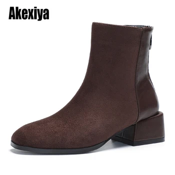 

New Fashion European Style Black Ankle Boots Low-heeled Round Toe Comfortable brown Boots Woman Platform Suede Shoes u295