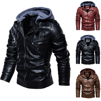 

Oeak Winter Men PU Leather Hooded Jackets Fashion Male Outdoor Locomotive Leather Jacket 2019 New Hiphop Jackets