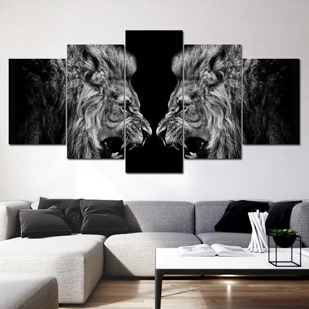 

5 Panels Roaring Black Lion Home Decor Canvas Painting On Nordic Wall Art Posters And Prints Animal Pictures For Living Room