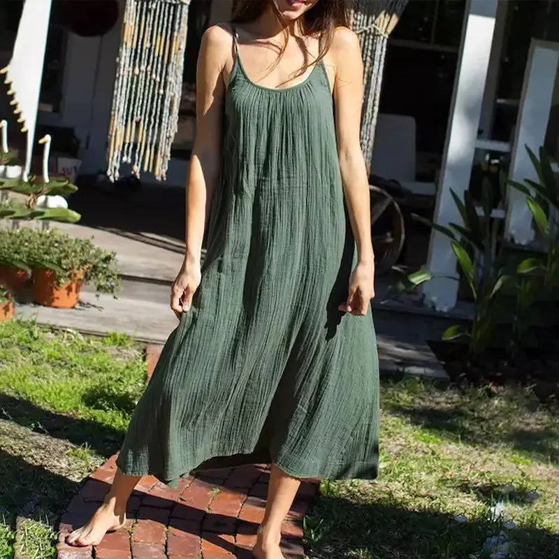 Casual 100% Cotton Summer Women's Long Dress Loose Solid Sleeveless Backless Streetwear Elegant Female Dress Vestidos Robe