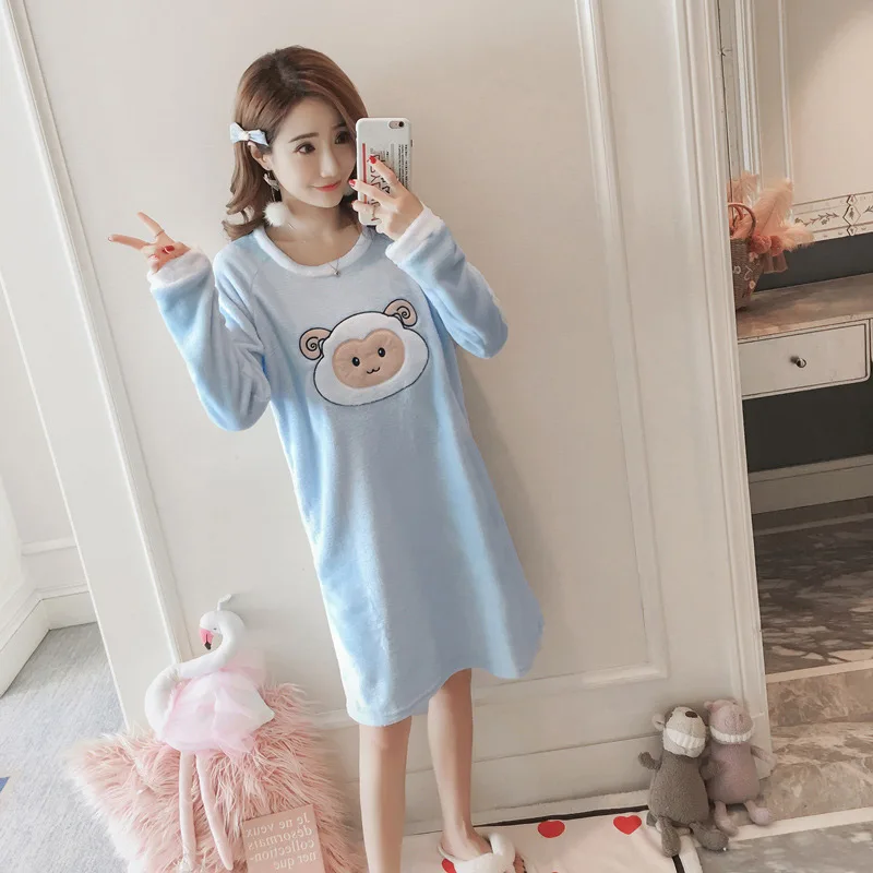Velvet Flannel Long Sleeve Women's Pajamas Winter Thicken Cute Cartoon Animal Bear Printed Sleepwear Sweet Student Knee Length