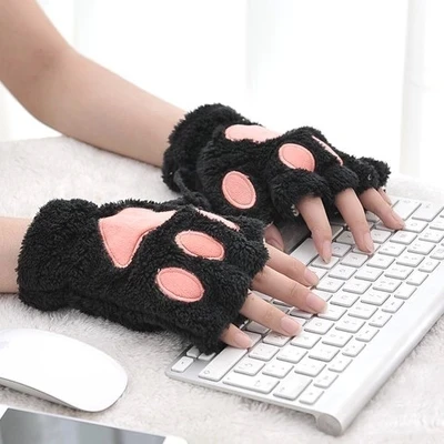 Winter Women Paw Gloves Fingerless Fluffy Bear Cat Plush Warm Ladies Half Covere