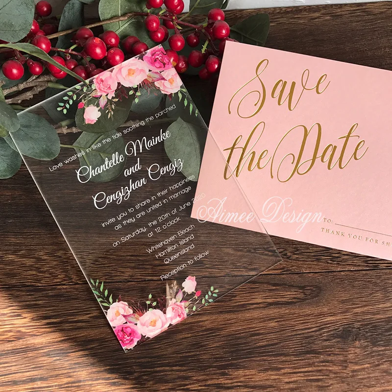Прозрачное акриловое Свадебное приглашение с красивым цветочным дизайном, заказной восковой штамп, фольгированный конверт с логотипом