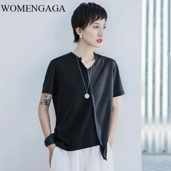

Loose Women Black Contrast Color Split Hem Asymmetrical T-shirt V-Neck Short Sleeve Fashion Tide Spring Summer 2020 01A1