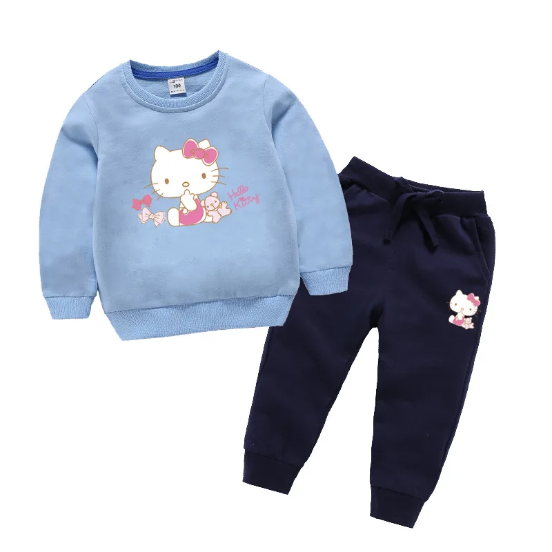 Комплекты одежды для девочек с принтом «hello kitty», толстовка с длинными рукавами+ штаны, Осенняя детская одежда для малышей 2, 3, 4, 5, 6, 7, 8, 9 лет