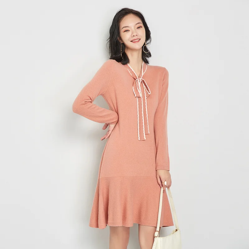 

[Basic all-match] Jinju 2020 autumn/winter new hit color lace 100% wool fishtail dress female casual slim