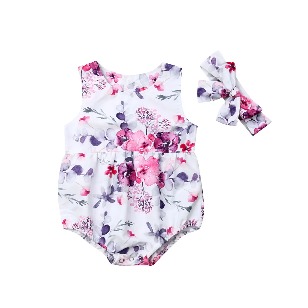 

Emmababy Toddler Baby Girls Bodysuits Summer arrival Floral Sleeveless Bodysuits with Headband Outfits Suit Sunsuit
