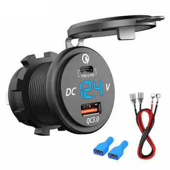 

PD QC3.0 Dual USB Charger Socket Adapter with LED Voltmeter waterproof dustproof cover for 12/24V Car Motorcycle boat