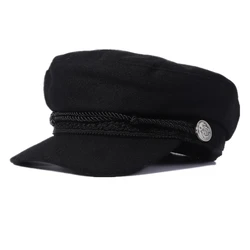 Chapeau militaire pour hommes et femmes, casquette de marin, béret noir pour dames, casquette de capitaine à dessus plat, chapeau octogonal à la mode pour le printemps et l'automne 