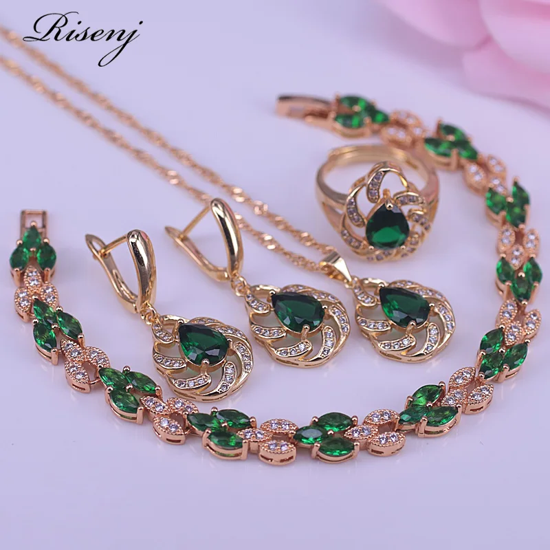 

Risenj Dubai Gold Jewelry Sets Nigerian Wedding African Beads Crystal Bridal Jewellery Set Rhinestone Ethiopian adjustable ring
