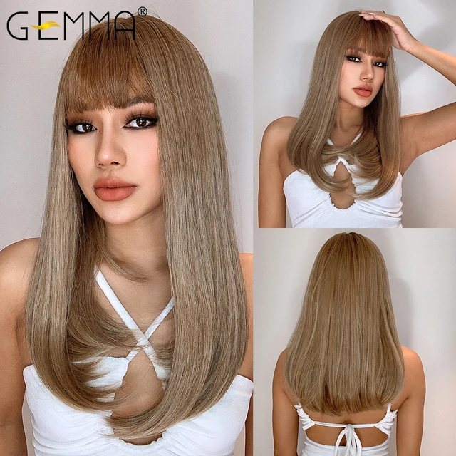 GEMMA Red Brown Copper Ginger Long Straight Synthetic Wigs for Women Natural Wave Wigs with Bangs Heat Resistant Cosplay Hair LC167-6