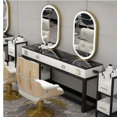 Barber's mirror table LED light beauty mirror one side beauty and makeup cabinet one side marble two ironing and dyeing tab