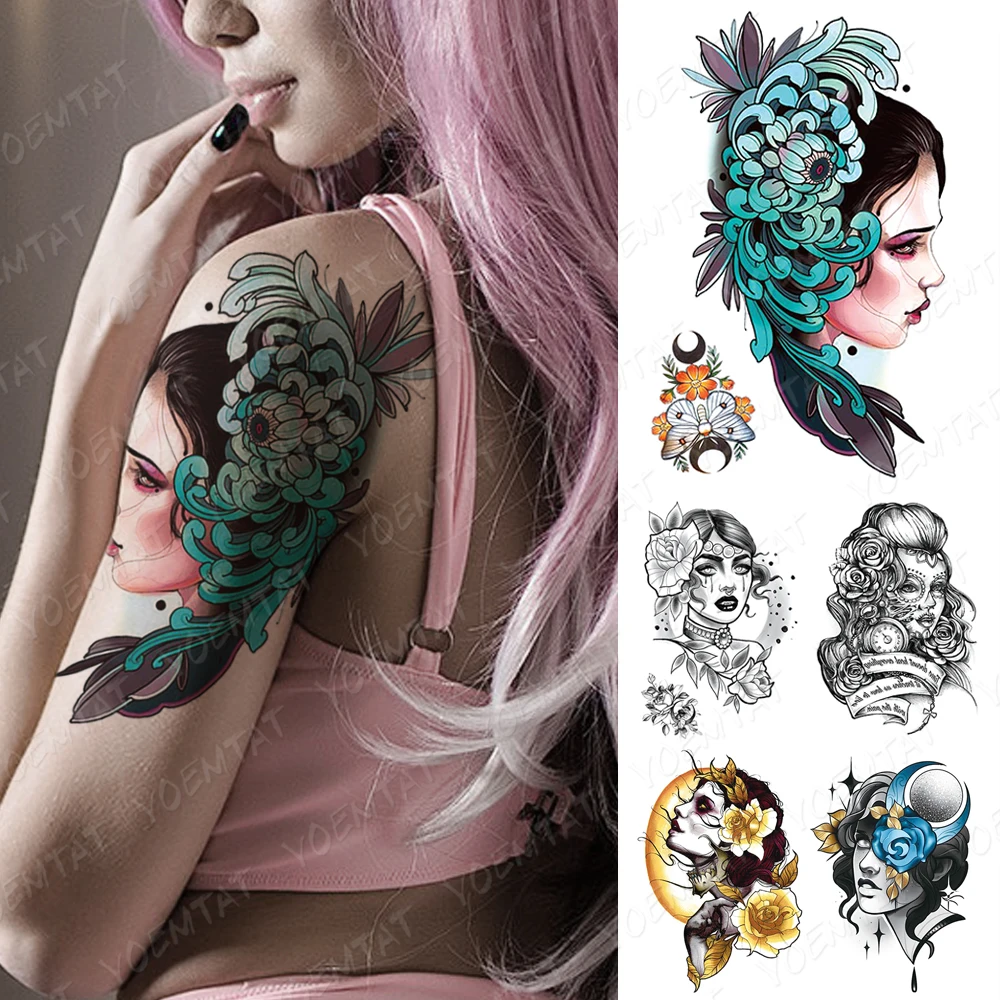 

Waterproof Temporary Tattoo Sticker Old School Flash Tattoos Cyan Feather Beauty Girl Portrait Body Art Arm Fake Tatoo Women Men