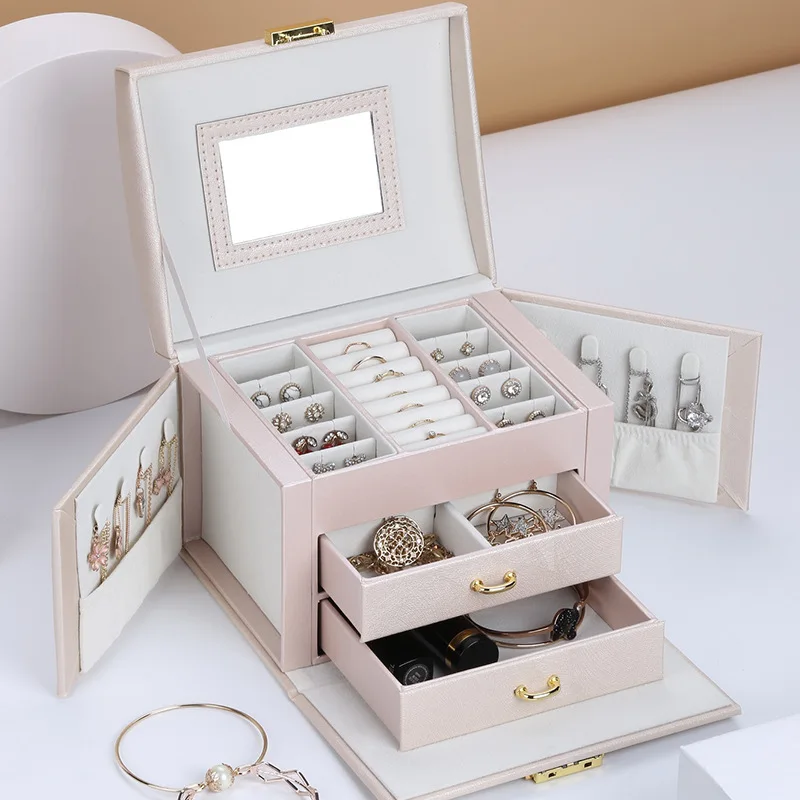 

Kaser Lattice High-end PU Leather Jewelry Box Portable European Style Jewelry Box Multi-functional Drawer Princess Jewelry Box