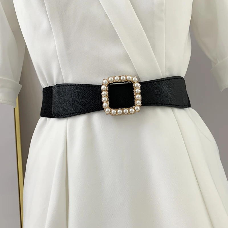 

Branded Belts Pearls Fashion Women Elastic Waist Belt Newest gold buckle cummerbunds Thin PU Leather waistband Dress Decoration