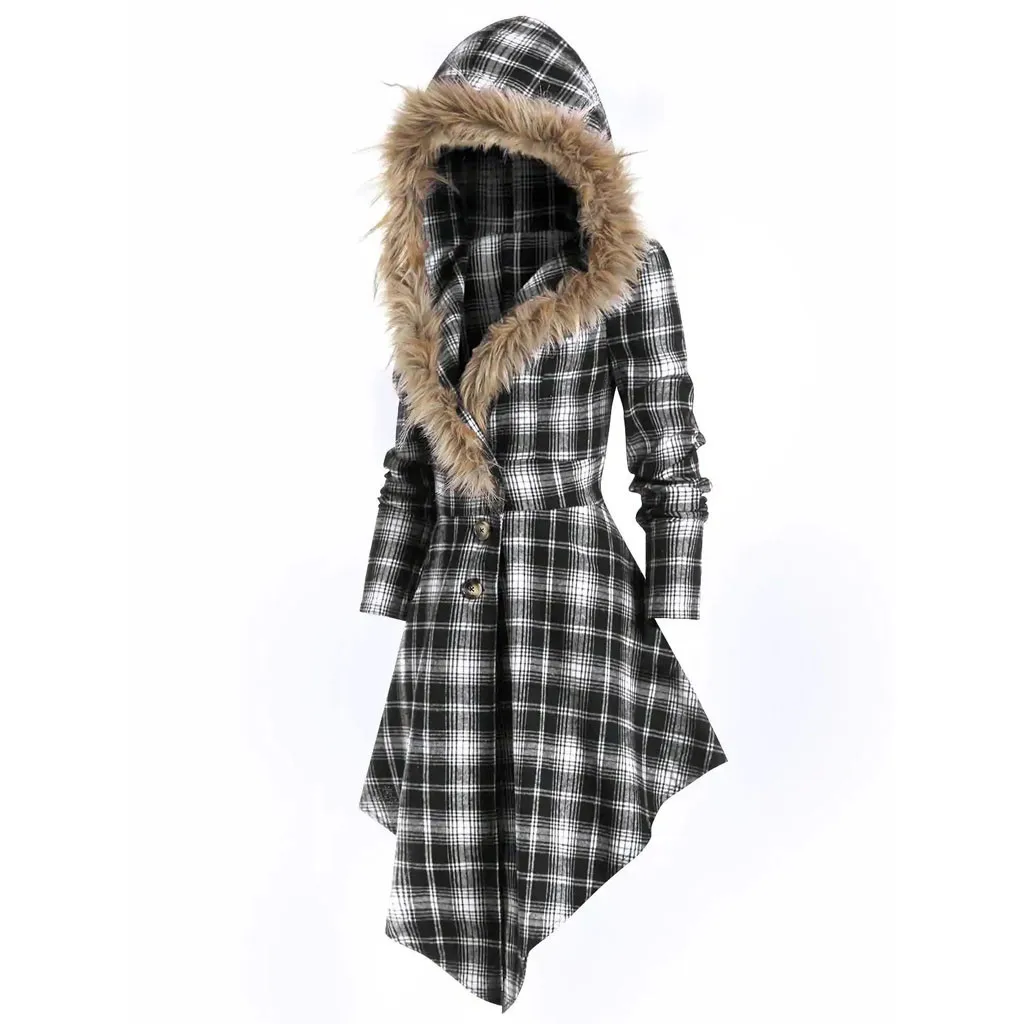 Fashion Plaid Warm Coat Casual Ladies Hooded Fur Collar Buttons Tunic Jacket Coat Female Winter Long Sleeve Womens Outerwear