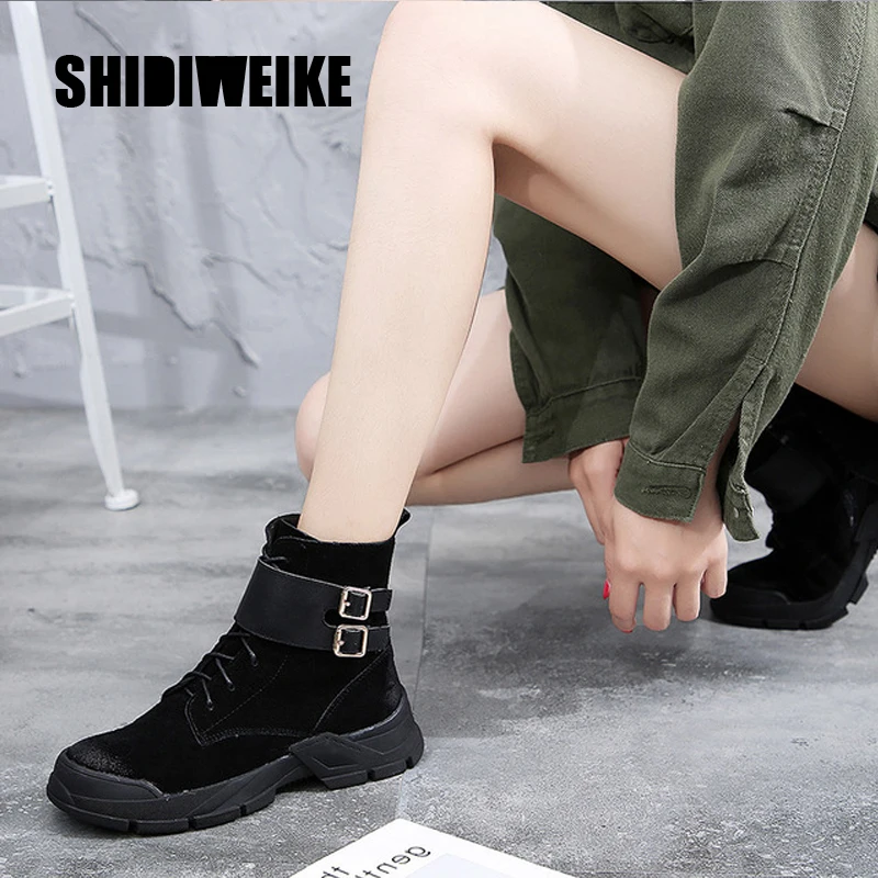 

Motorcycles Boots brown Black Genuine Leather Round Toe Buckle Woman Shoes 2019 Winter Low Heel Ankle Snow Boots J990