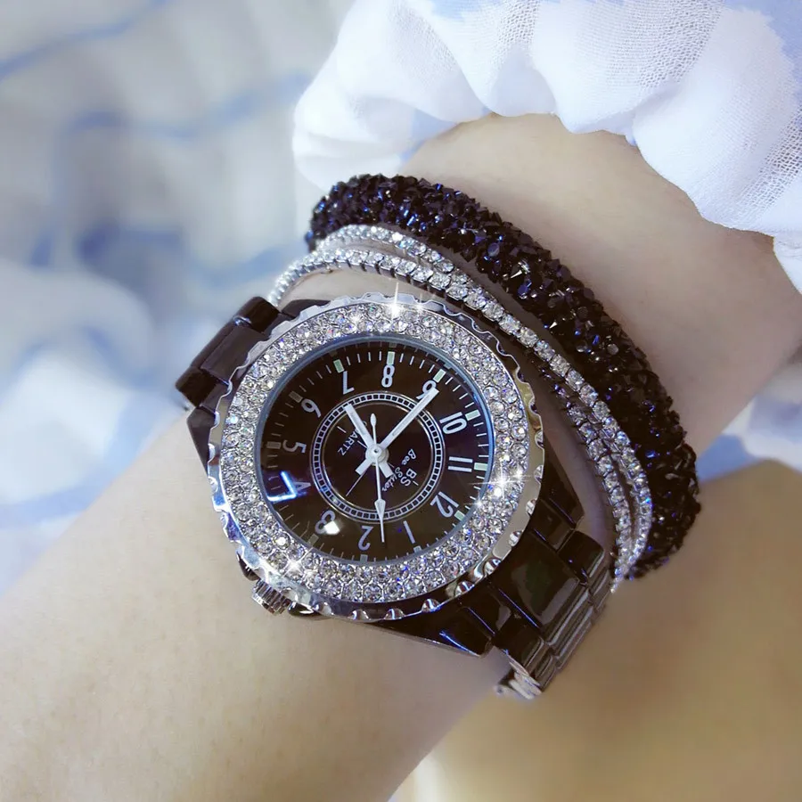 Женские часы с кристаллами, женские кварцевые часы, брендовые бриллиантовые Наручные часы для женщин, стразы, Классические керамические часы, водонепроницаемые часы - Цвет: Black