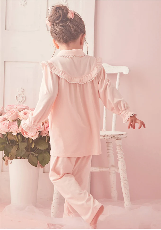 Kids Pajamas Set Children Girl Lolita Vintage Toddler Royal Style Sleep Loungewear Turndown Collar Tops Pants