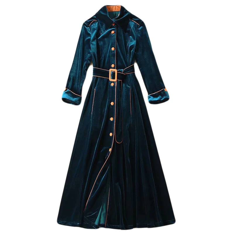 Длинное платье высокого качества на осень зиму новые женские модные вечерние винтажные элегантные шикарные однобортные бархатные платья - Цвет: Тёмно-синий