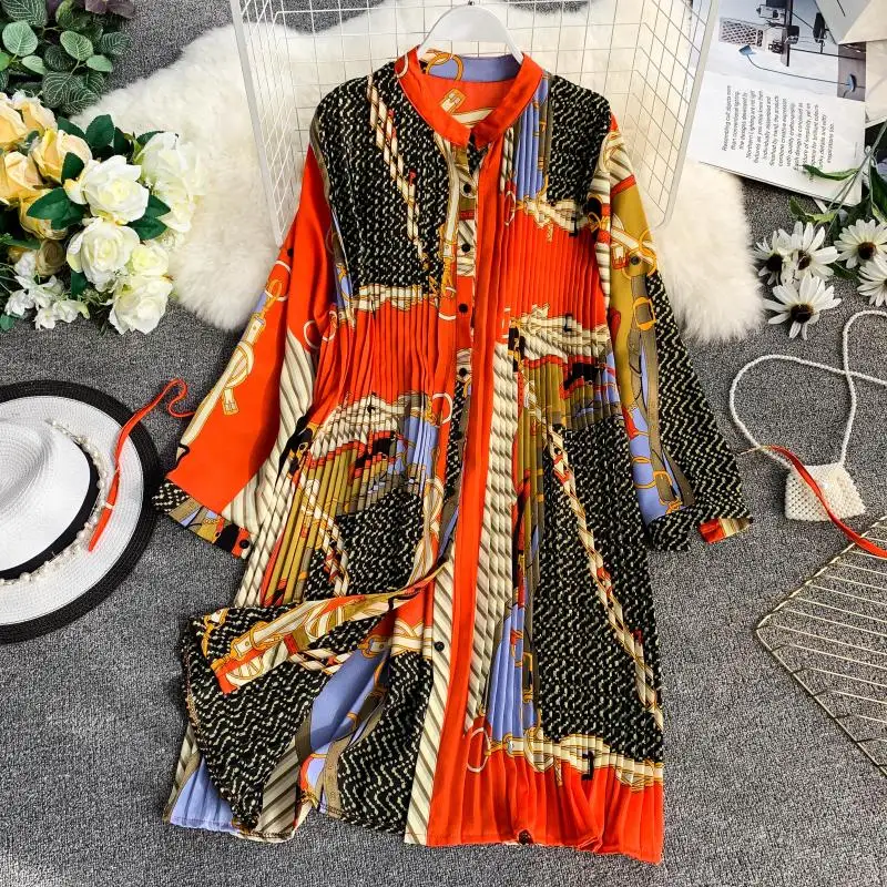 New Cheap ULAxI Spring Ladies Urban Chiffon Loose Printed Pleated Dress Women Fashion Festival Three Quarter Lantern Sleeves Knee length Dress