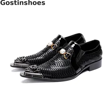 

Classic Style Men Leather Shoes Genuine Leather Striped Metal Cap Toe Pointed Set Foot Men Office Shoes Casual Business Shoes