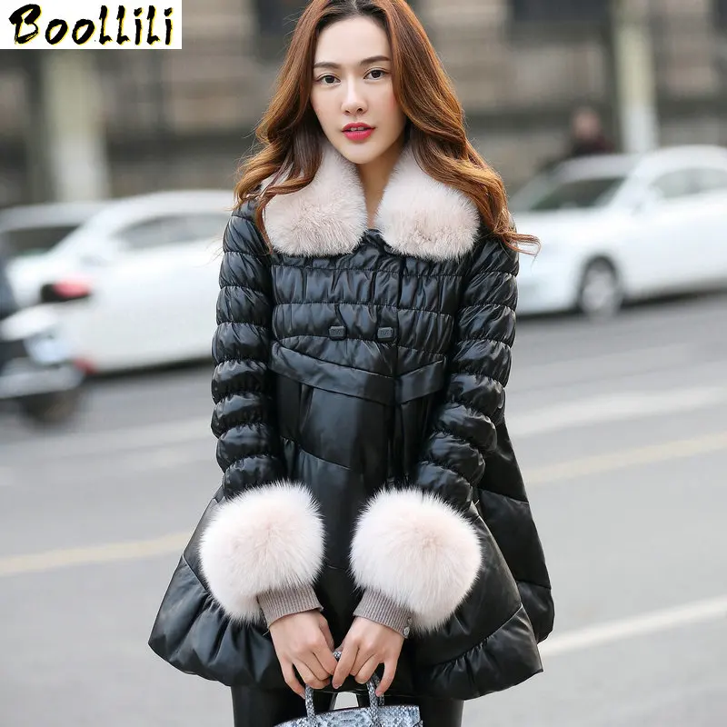 

Boollili 2020 Leather Jacket Winter Coat Women Fox Fur Collar Down Jacket Women Genuine Sheepskin Coat Female Warm Coats