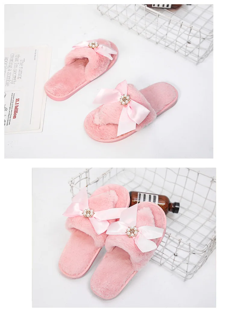 Women's Bow Slippers Flat Bottom Non-Slip Home Warm Clip-Toe Cotton Flip Flops Women indoor Plush flip flops shoes woman y377