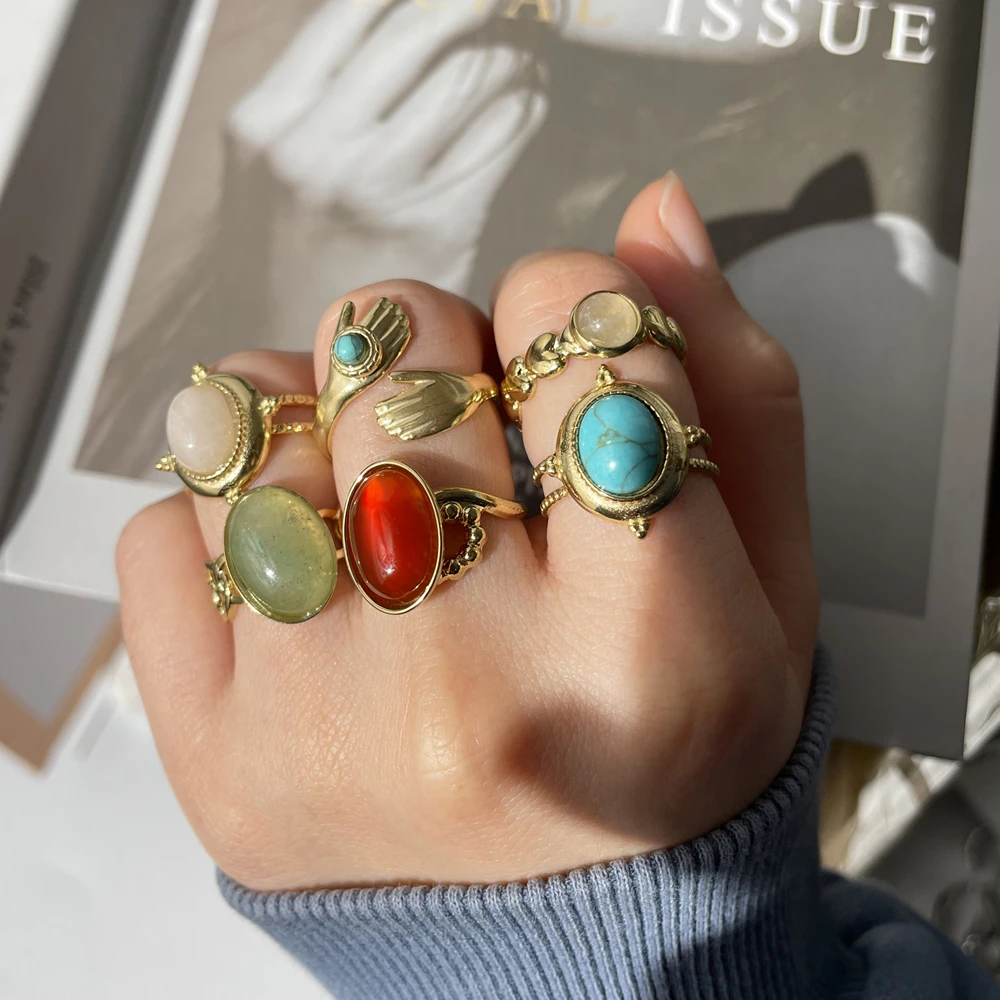HangZhi New Bohemian Women's Ring Colorful Natural Stones Stainless Steel Tarnish Free Jewelry for Woman Wedding Ring Gifts
