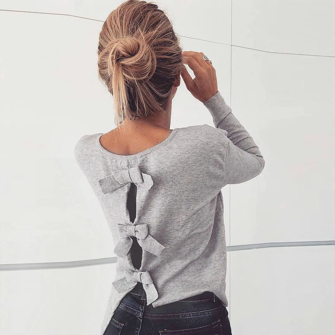 Flower gray LuckBN модная женская одежда, футболка, Осенние Топы, повседневные сексуальные футболки с круглым вырезом и длинным рукавом, открытая спина, галстук-бабочка, женские футболки - Цвет: Flower gray
