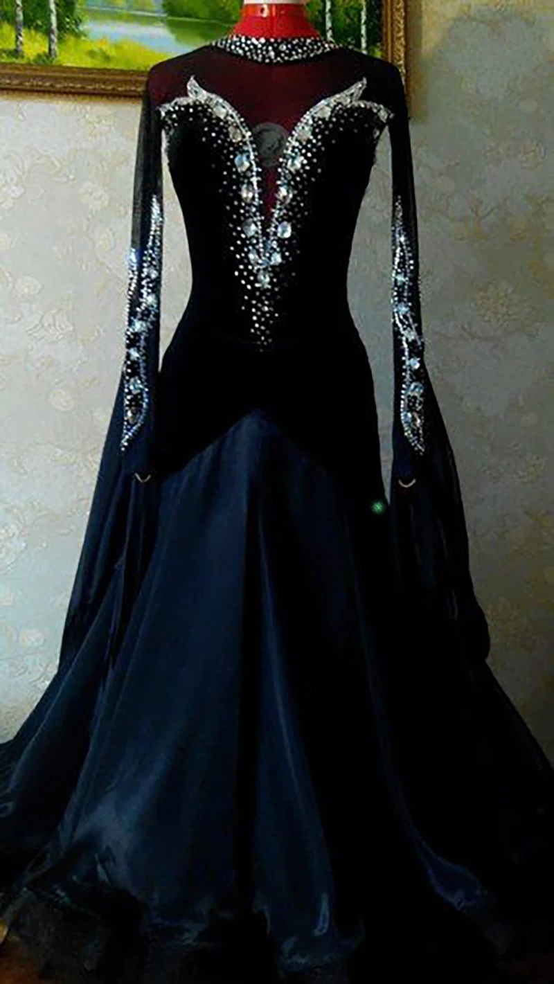 Расширенное бальное платье для конкурса танцев черное стандартное современное