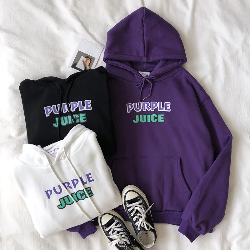 Autumn Winter Fleece Purple Juice Print Pullover Thick Loose Women Hoodies Sweatshirt Female Casual Coat Womens Oversized Hoodie