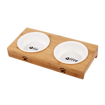 

Ceramic Bowl Wooden Table Pet Dog Cat Bamboo Wood Table In A Kitten Double Bowl Non-slip Small Dog Food Bowl Cat Supplies