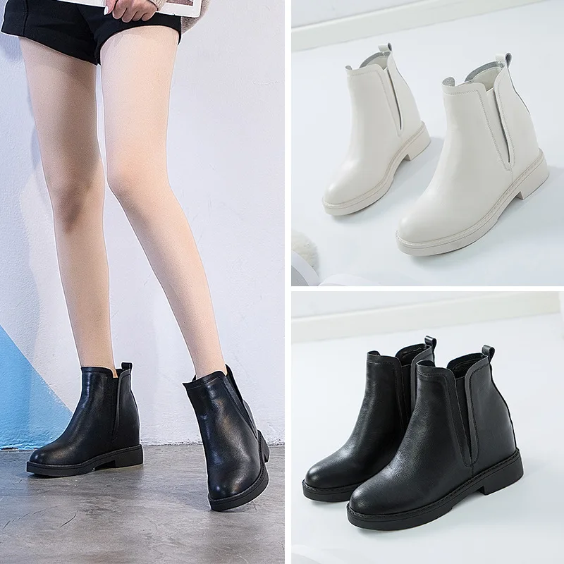 

2019 Autumn And Winter New Style Leather Short Boots Women's Casual Elevator Foot Covering Slimming Women's Boots Slip-on WOMEN'