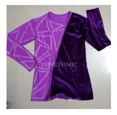 Фиолетовый Black Latin Dance Shirts Men Flamenco Long Sleeve Round Neck Sequin Middle East Diamond Tops Ballroom Shirt Performance Wear - Цвет: Фиолетовый