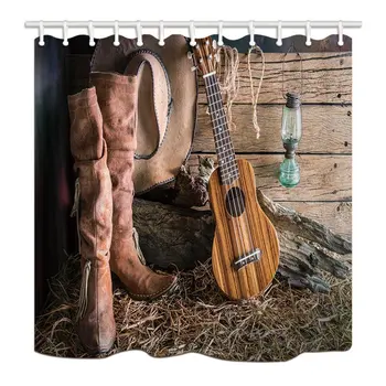 

Western Bath Curtain, Rodeo Cowboy Hat and Guitar on Wooden, Polyester Fabric Waterproof Shower Curtain for Bathroom, 71X71in,