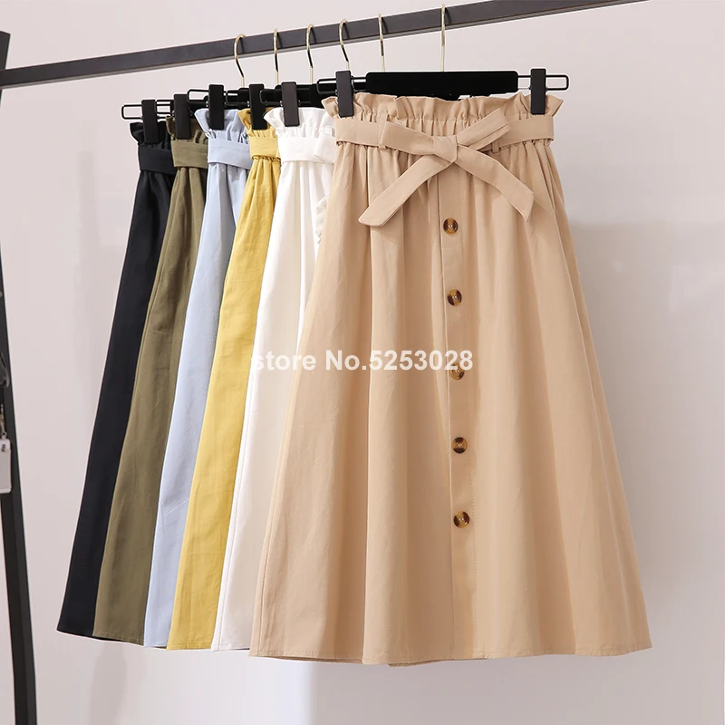 Women Skirts Fashion 2019 High Waist Skirt Women Spring Summer Midi Skirts Womens Elastic Waist A Line Ladies Skirts With Belt