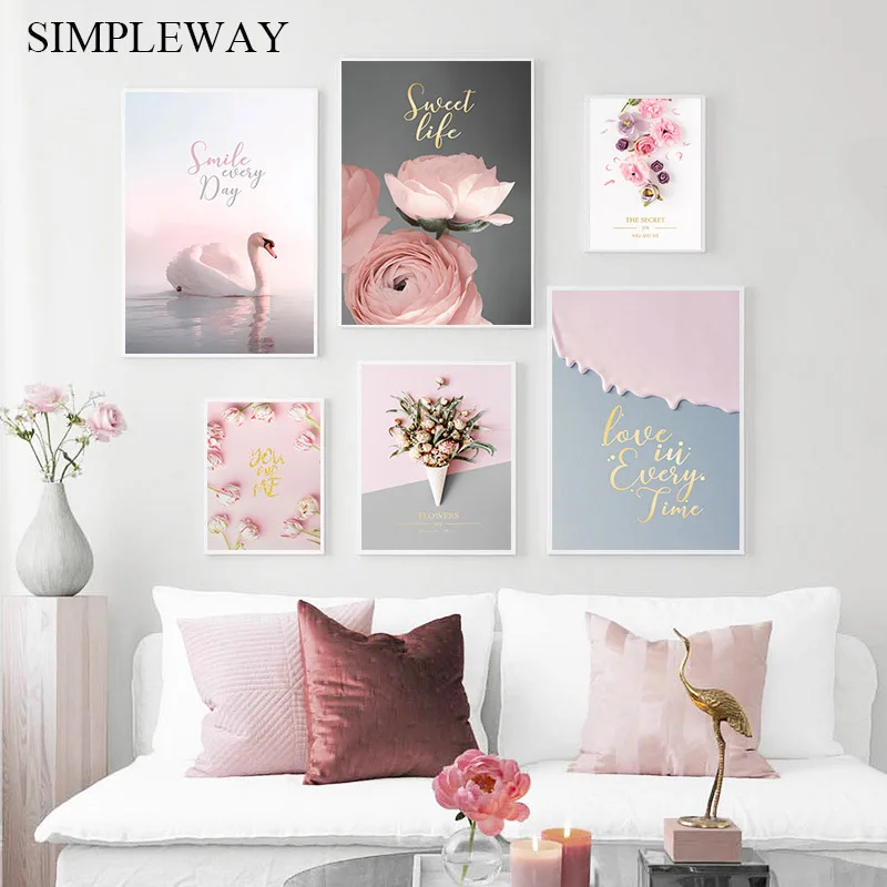 Swan Rose Flower Canvas Poster Nordic Pink Ins Style Print Wall Art Picture 