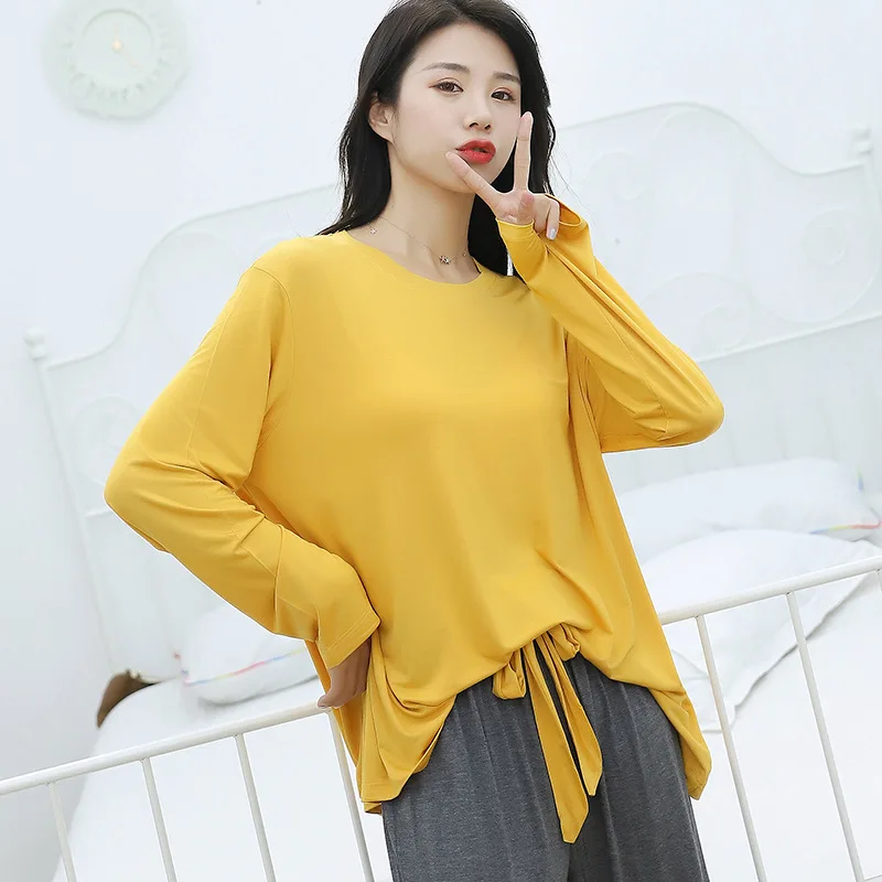 

Spring Autumn New Pyjamas Female New Modal Round-necked Short-sleeved Pants and Broad-legged Pants Colour Home Suit Pyjamas